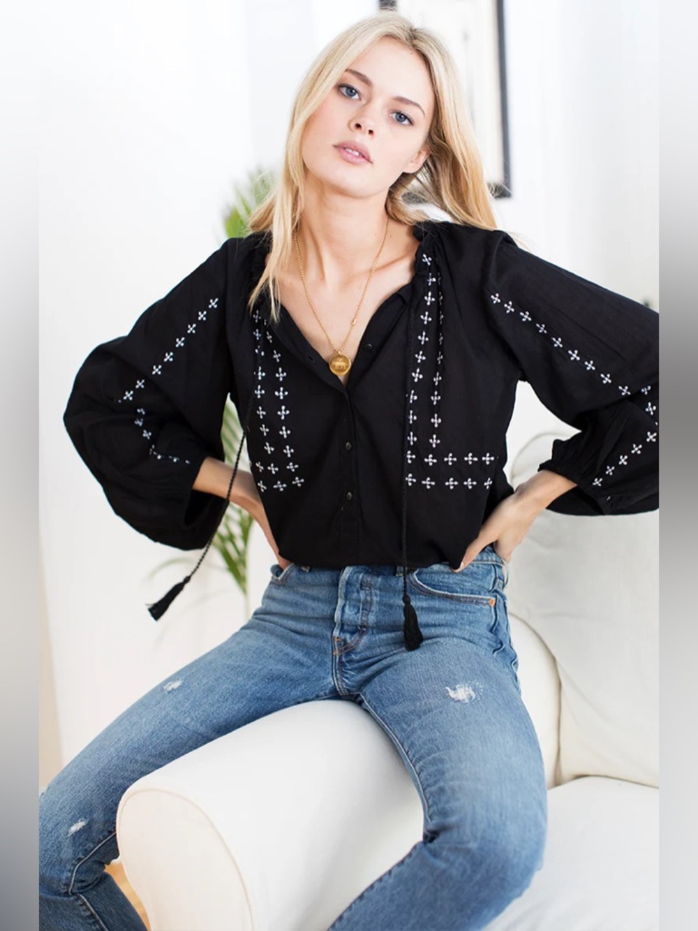 EMERSON FRY Bardot Top - Embroidered 
Black Organic